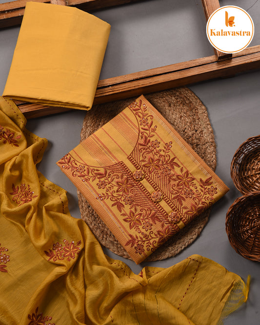 Mustard - Cotton - Woven With Embroidery - Unstitched Suit Fabric With Chanderi Embroidered Dupatta