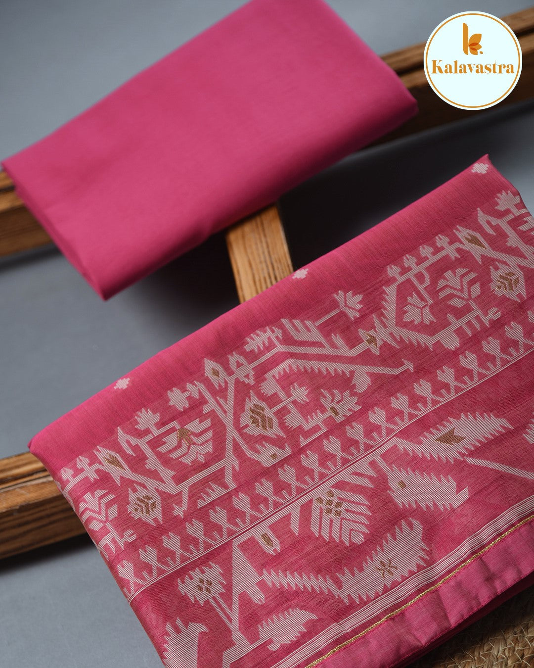 Pink - Chanderi - Jamdani Woven - Unstitched Suit Fabric With Chanderi Dupatta