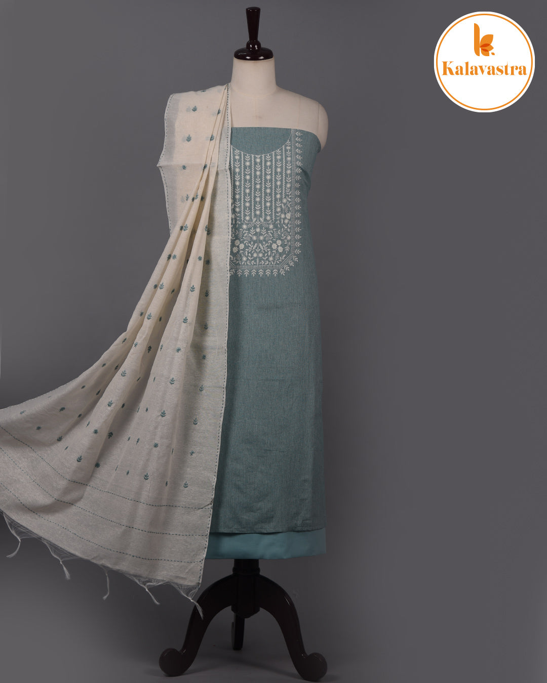 Turquoise - Cotton Slub - Embroidered Unstitched Suit Fabric With Cotton Embroidered Dupatta