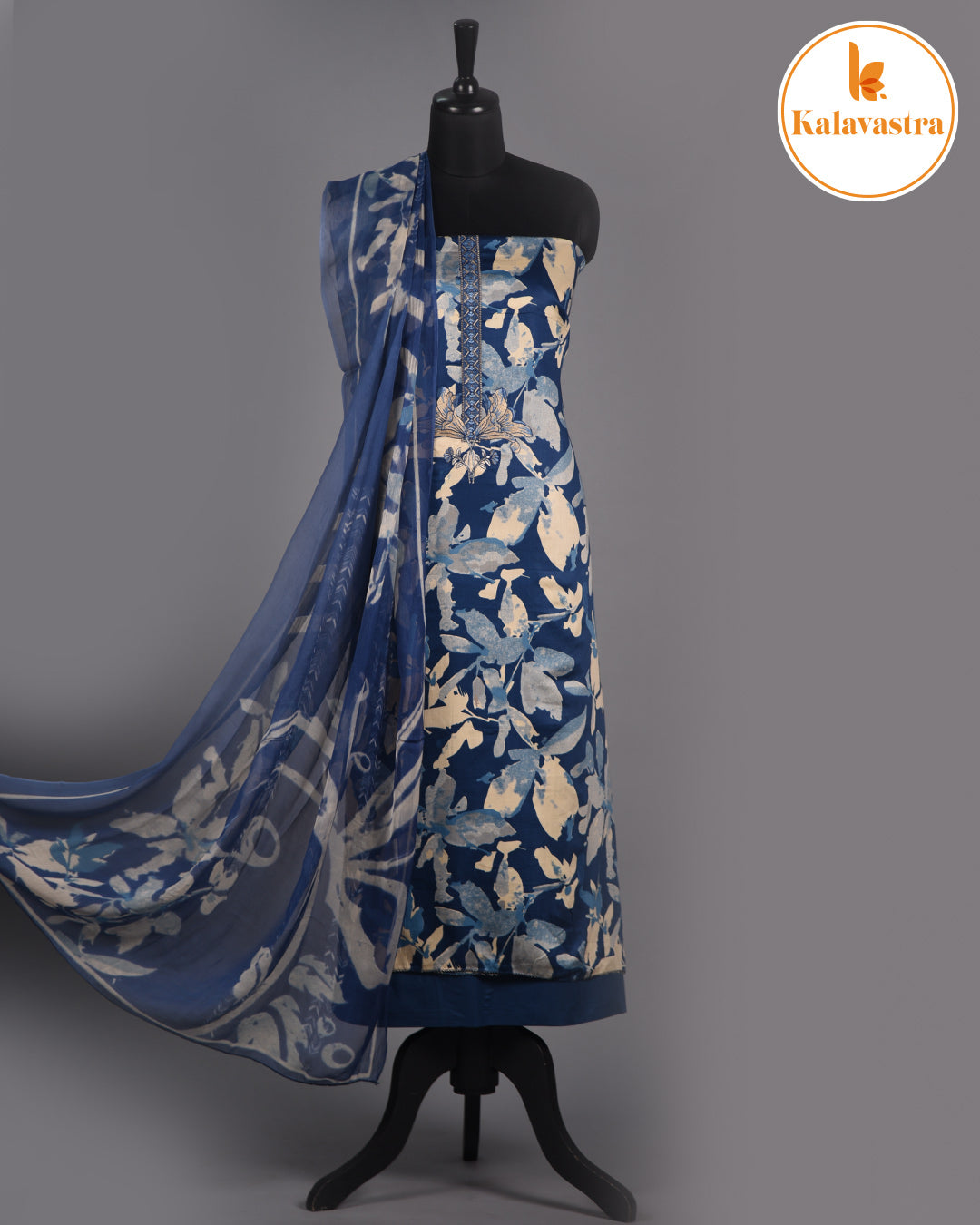 Blue - Cotton Glazed - Printed With Embroidery - Unstitched Suit Fabric With Chiffon Dupatta