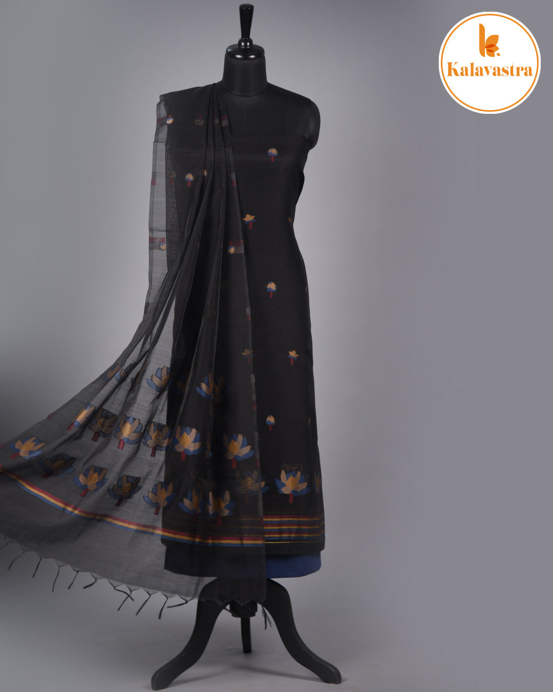 Black With Blue-Chanderi-Jamdani Woven-Unstitched Suit Fabric With Chanderi Jamdani Woven Dupatta