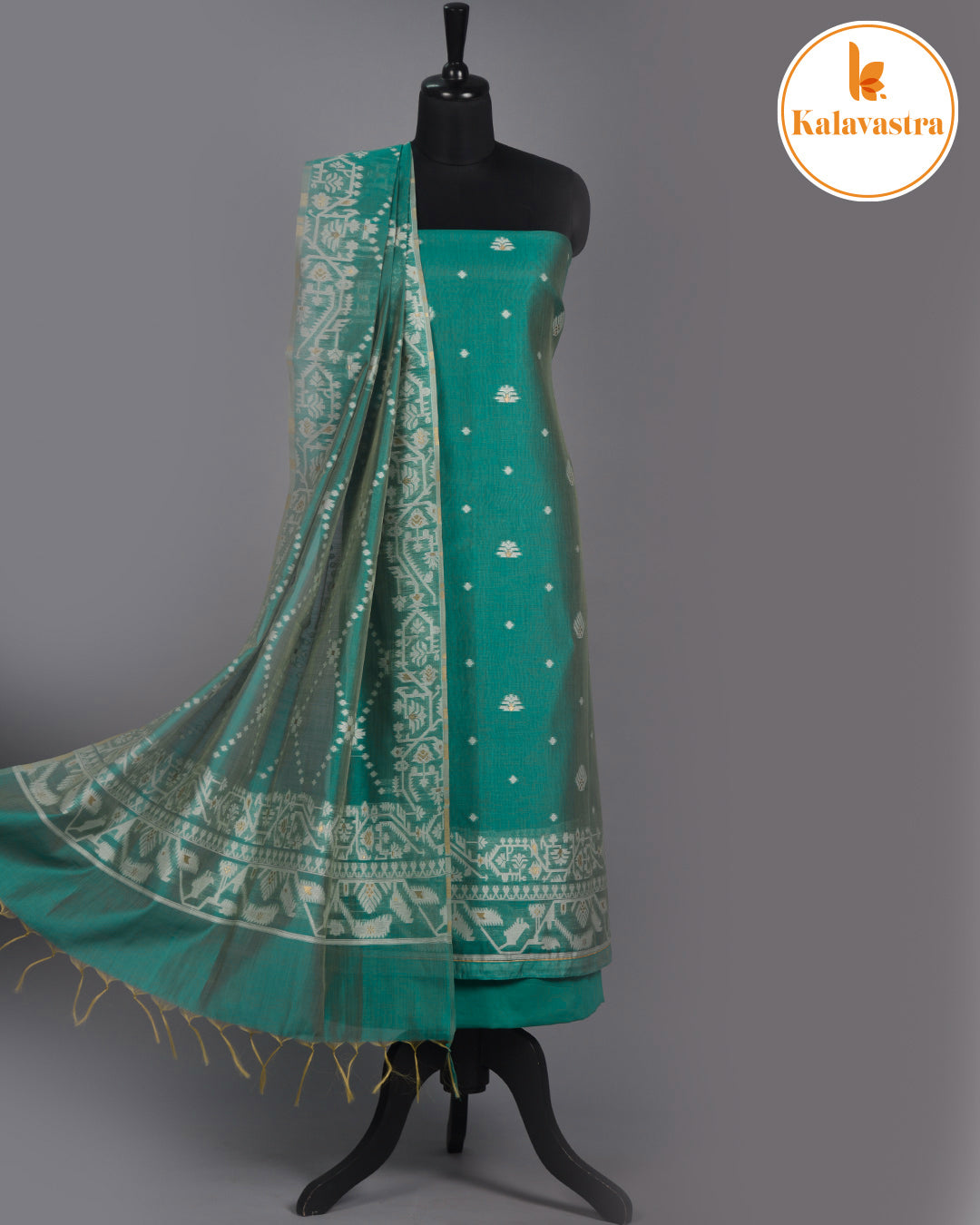 Green- Chanderi - Jamdani Woven - Unstitched Suit Fabric With Chanderi Dupatta