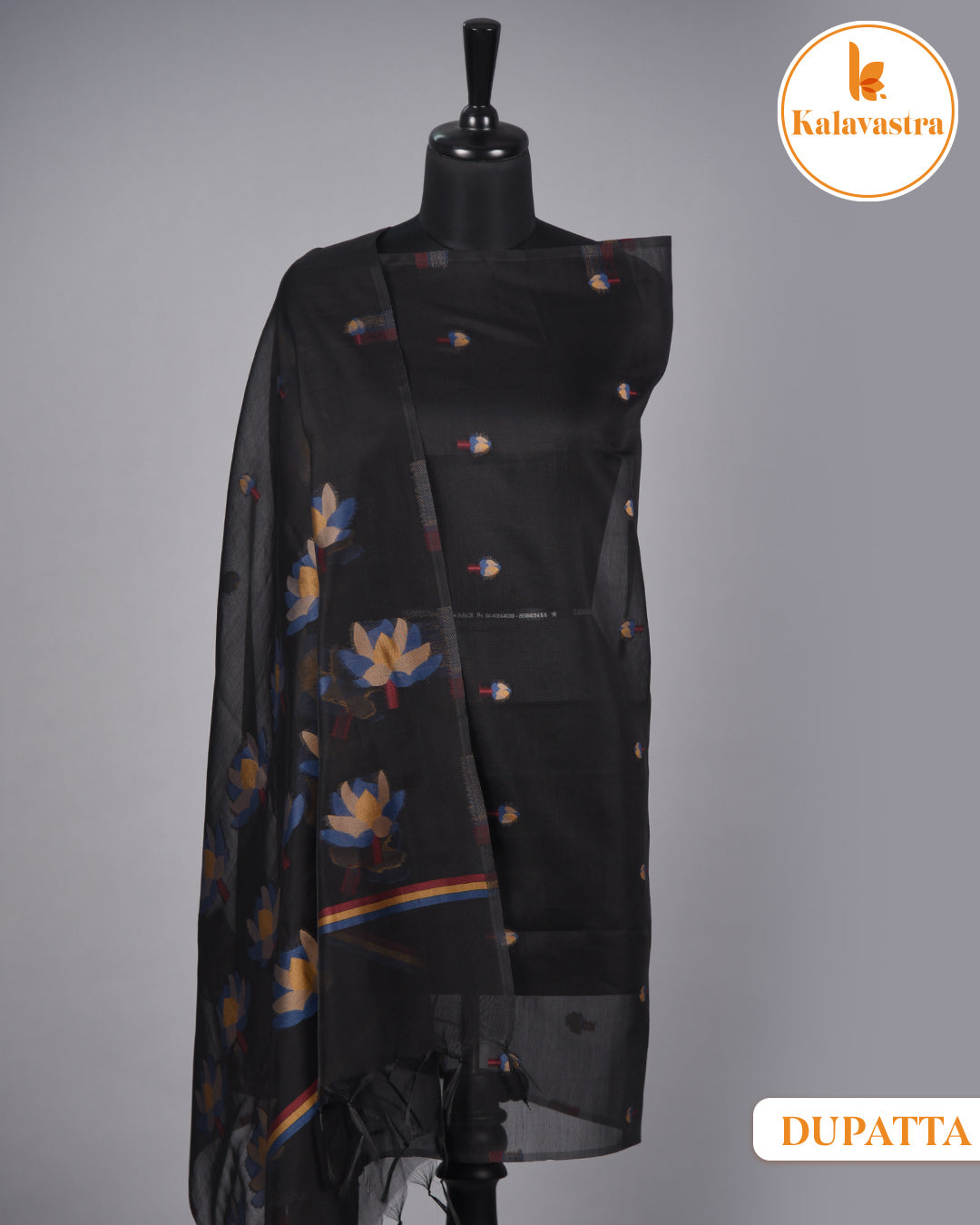 Black With Blue-Chanderi-Jamdani Woven-Unstitched Suit Fabric With Chanderi Jamdani Woven Dupatta