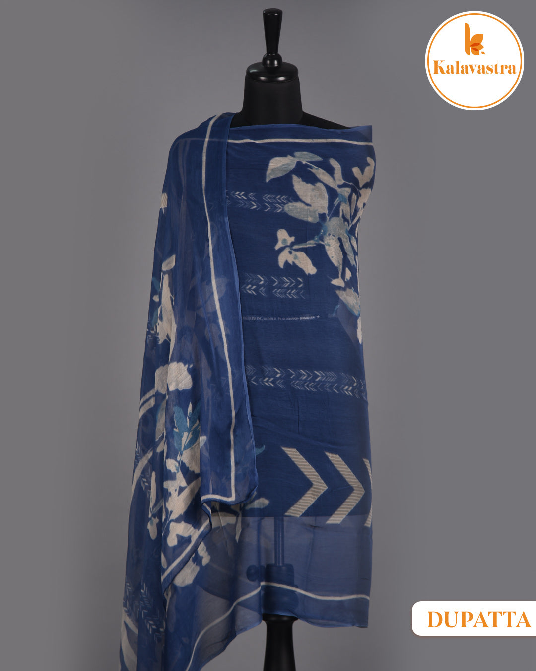 Blue - Cotton Glazed - Printed With Embroidery - Unstitched Suit Fabric With Chiffon Dupatta