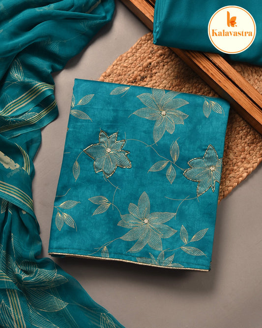 Sky Blue- Cotton Glazed - Printed With Embroidery - Unstitched Suit Fabric With Chiffon Dupatta