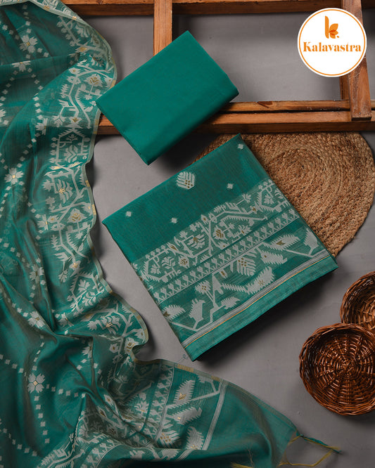 Green- Chanderi - Jamdani Woven - Unstitched Suit Fabric With Chanderi Dupatta