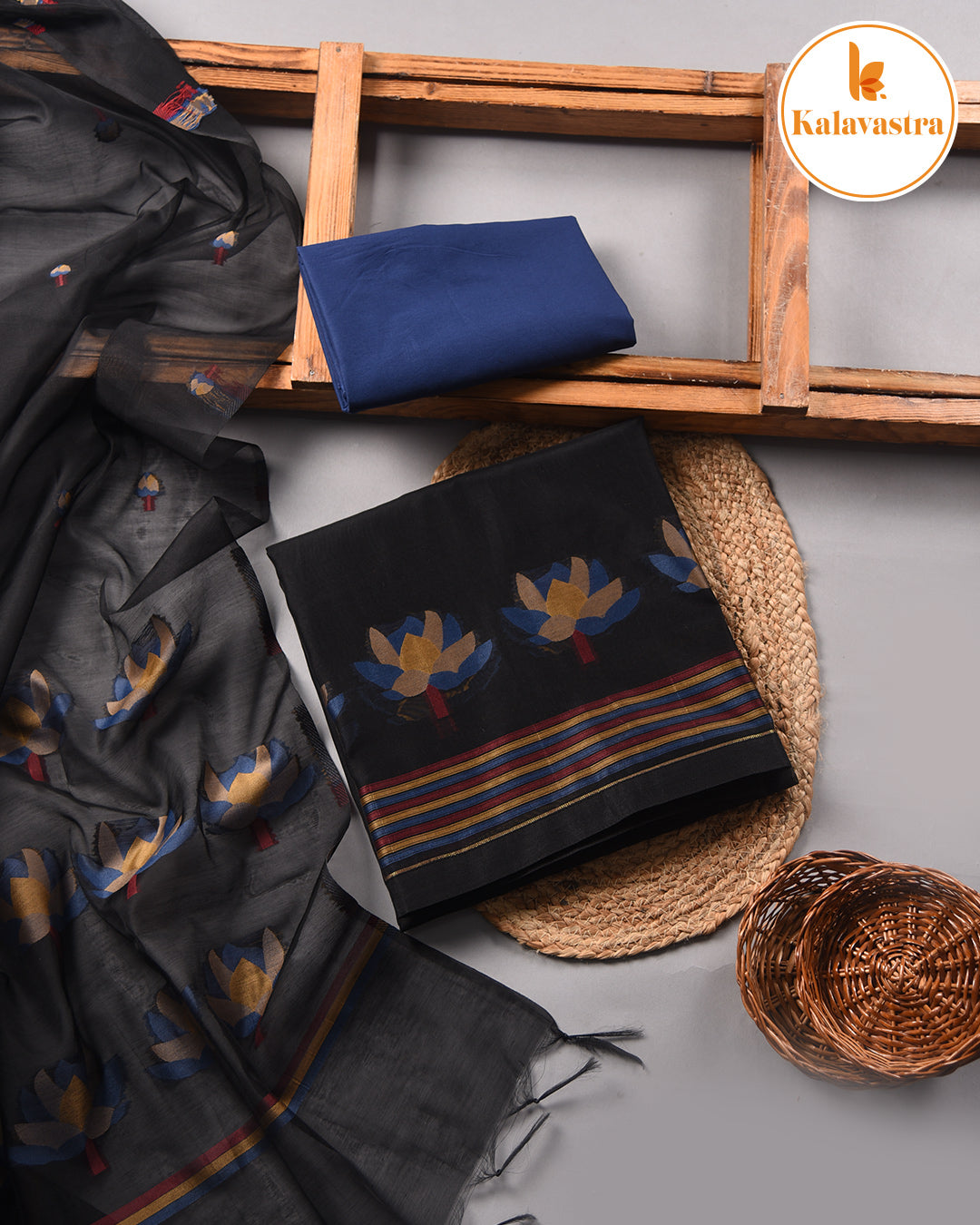 Black With Blue-Chanderi-Jamdani Woven-Unstitched Suit Fabric With Chanderi Jamdani Woven Dupatta