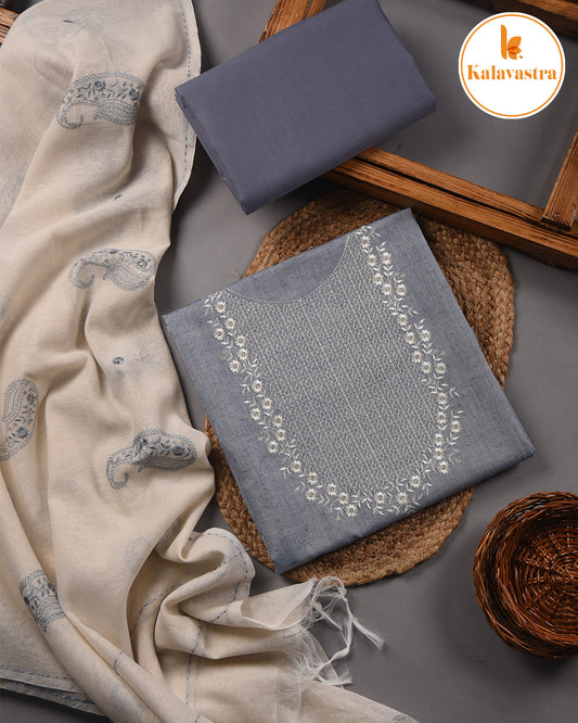 Grayish Blue- Cotton Slub - Woven With Embroidery - Unstitched Suit Fabric With Cotton Embroidered Dupatta