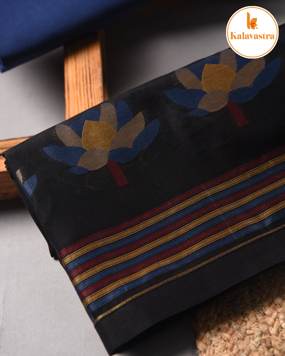 Black With Blue-Chanderi-Jamdani Woven-Unstitched Suit Fabric With Chanderi Jamdani Woven Dupatta