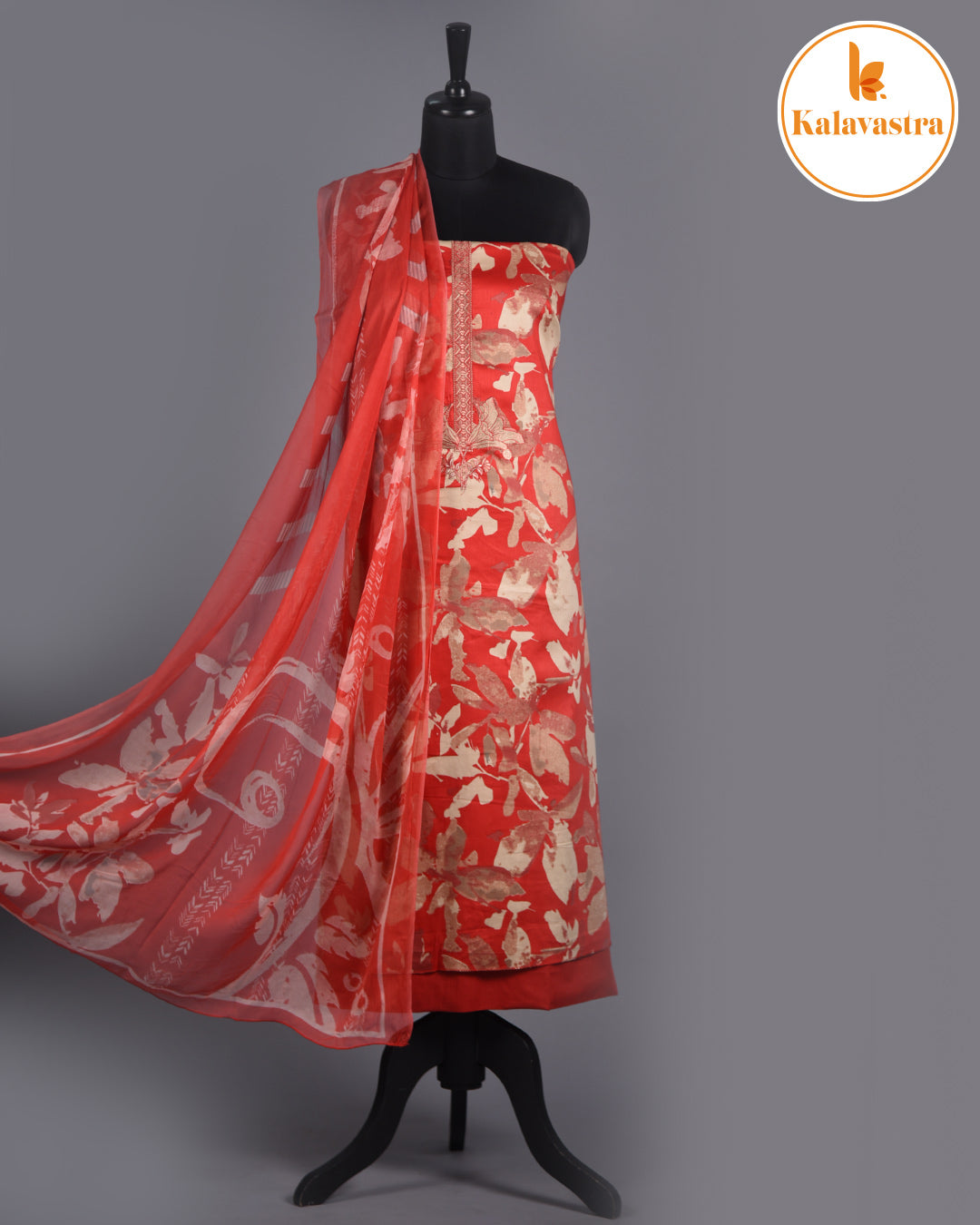 Red - Cotton Glazed - Printed With Embroidery - Unstitched Suit Fabric With Chiffon Dupatta