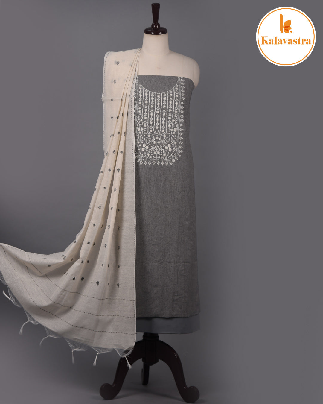 Gray - Cotton Slub - Embroidered Unstitched Suit Fabric With Cotton Embroidered Dupatta