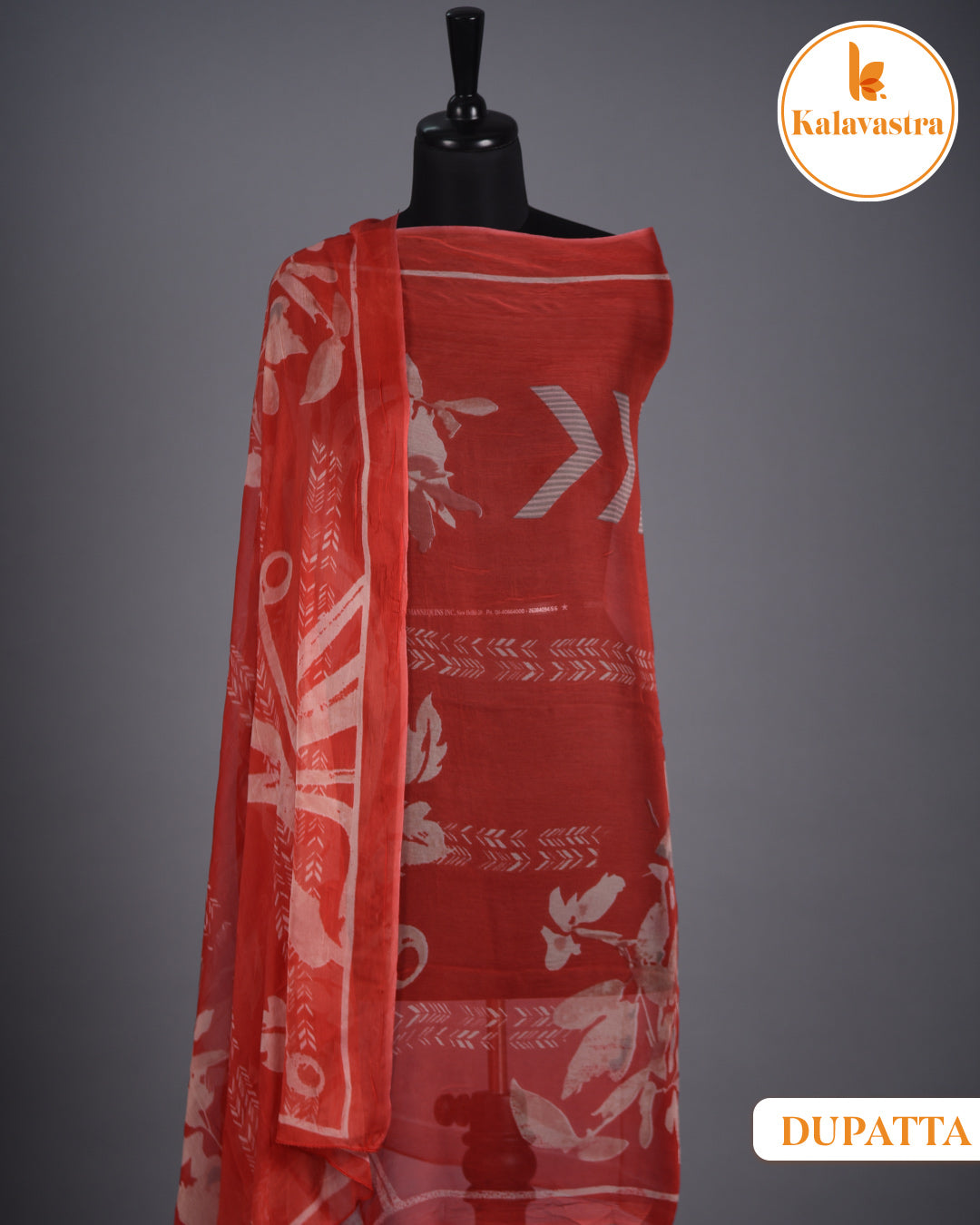 Red - Cotton Glazed - Printed With Embroidery - Unstitched Suit Fabric With Chiffon Dupatta