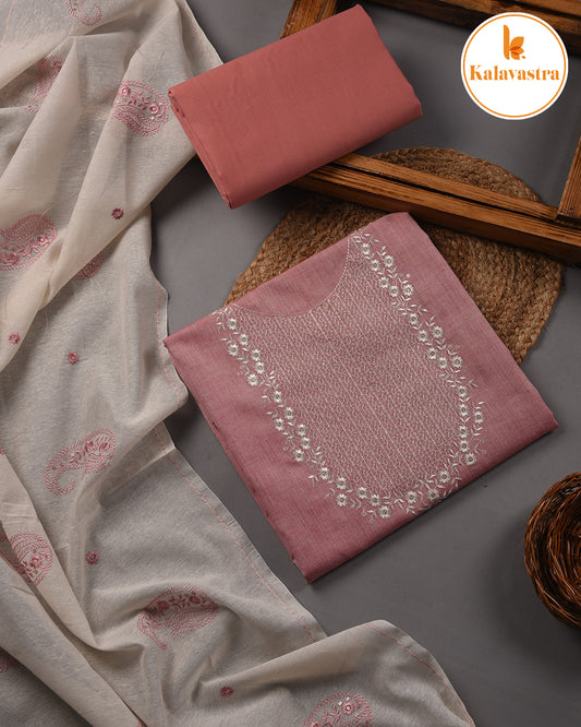 Pink- Cotton Slub - Woven With Embroidery - Unstitched Suit Fabric With Cotton Embroidered Dupatta