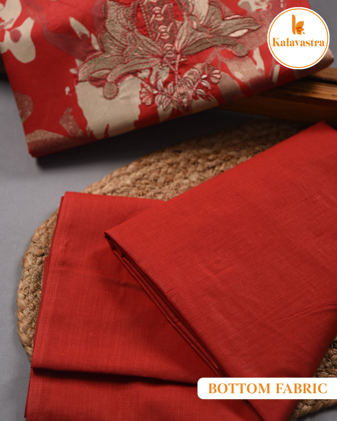 Red - Cotton Glazed - Printed With Embroidery - Unstitched Suit Fabric With Chiffon Dupatta