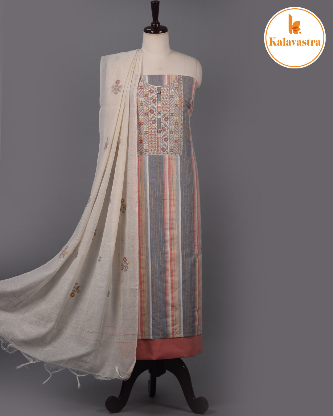 Gray With Pink - Cotton - Woven With Embroidery - Unstitched Suit Fabric With Cotton Embroidered Dupatta