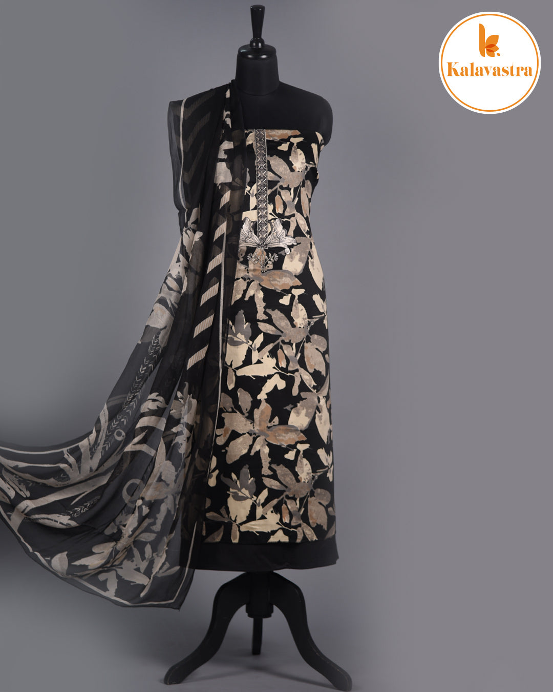 Black - Cotton Glazed - Printed With Embroidery - Unstitched Suit Fabric With Chiffon Dupatta