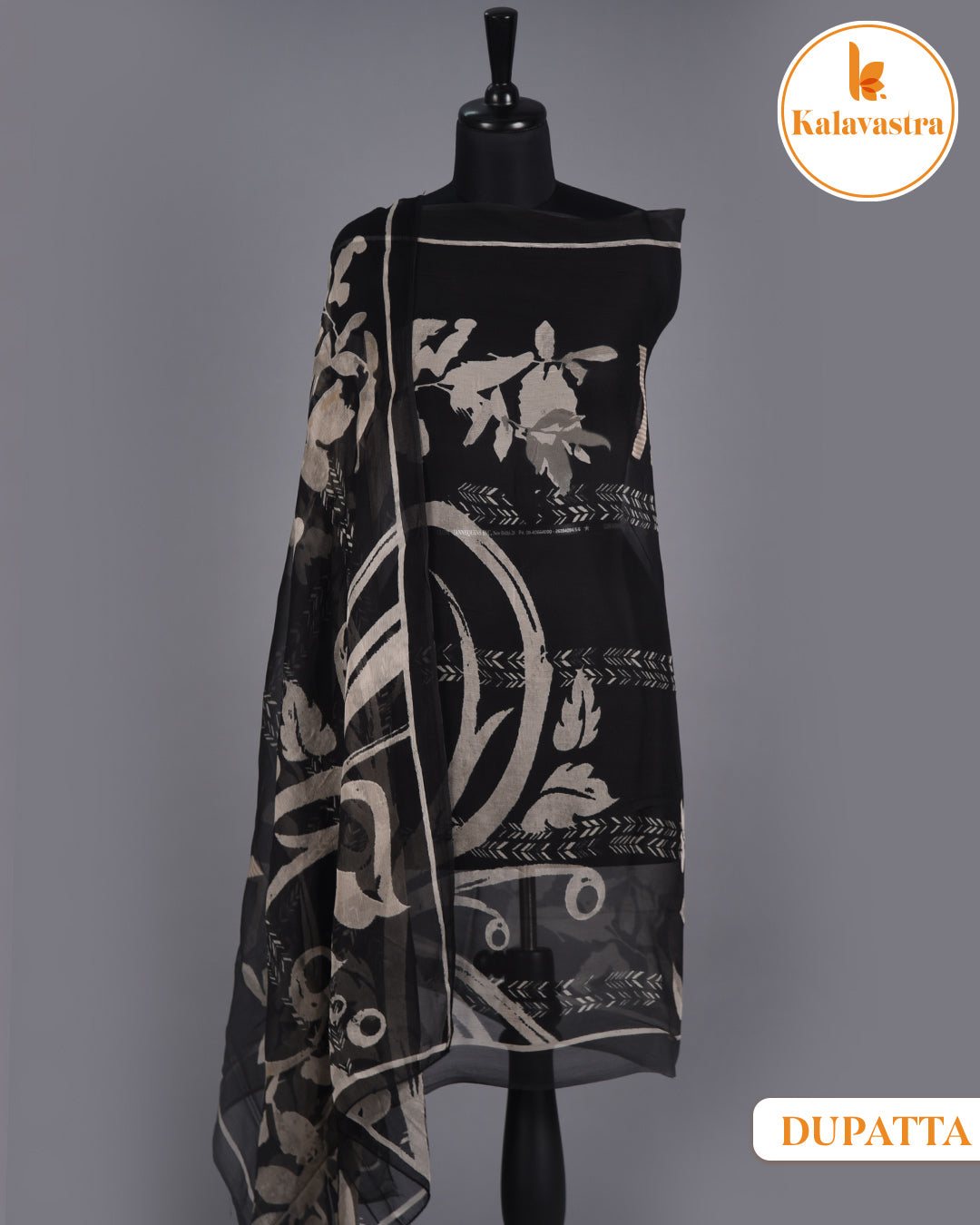 Black - Cotton Glazed - Printed With Embroidery - Unstitched Suit Fabric With Chiffon Dupatta