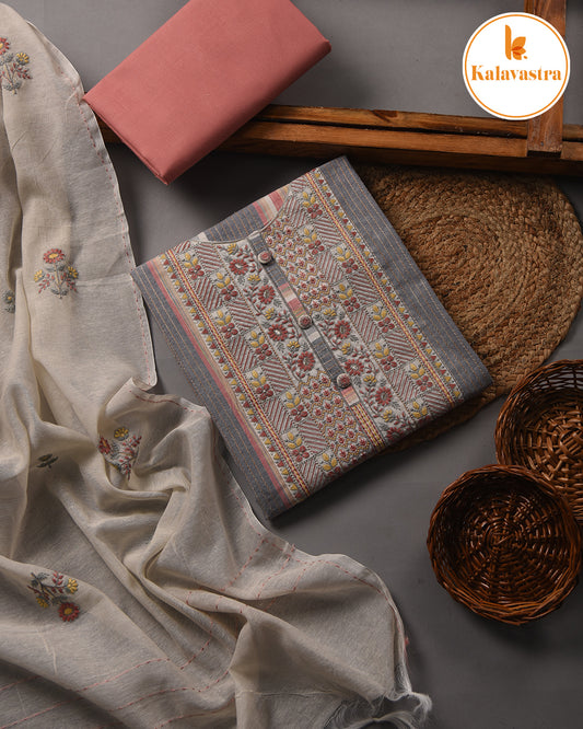 Gray With Pink - Cotton - Woven With Embroidery - Unstitched Suit Fabric With Cotton Embroidered Dupatta