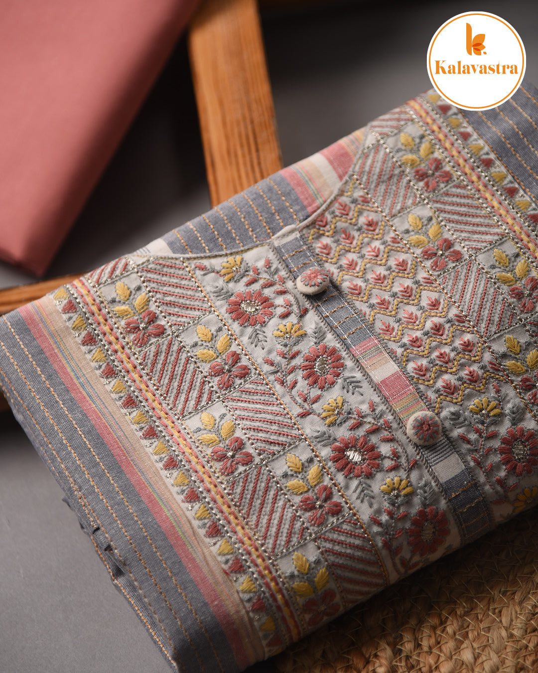 Gray With Pink - Cotton - Woven With Embroidery - Unstitched Suit Fabric With Cotton Embroidered Dupatta