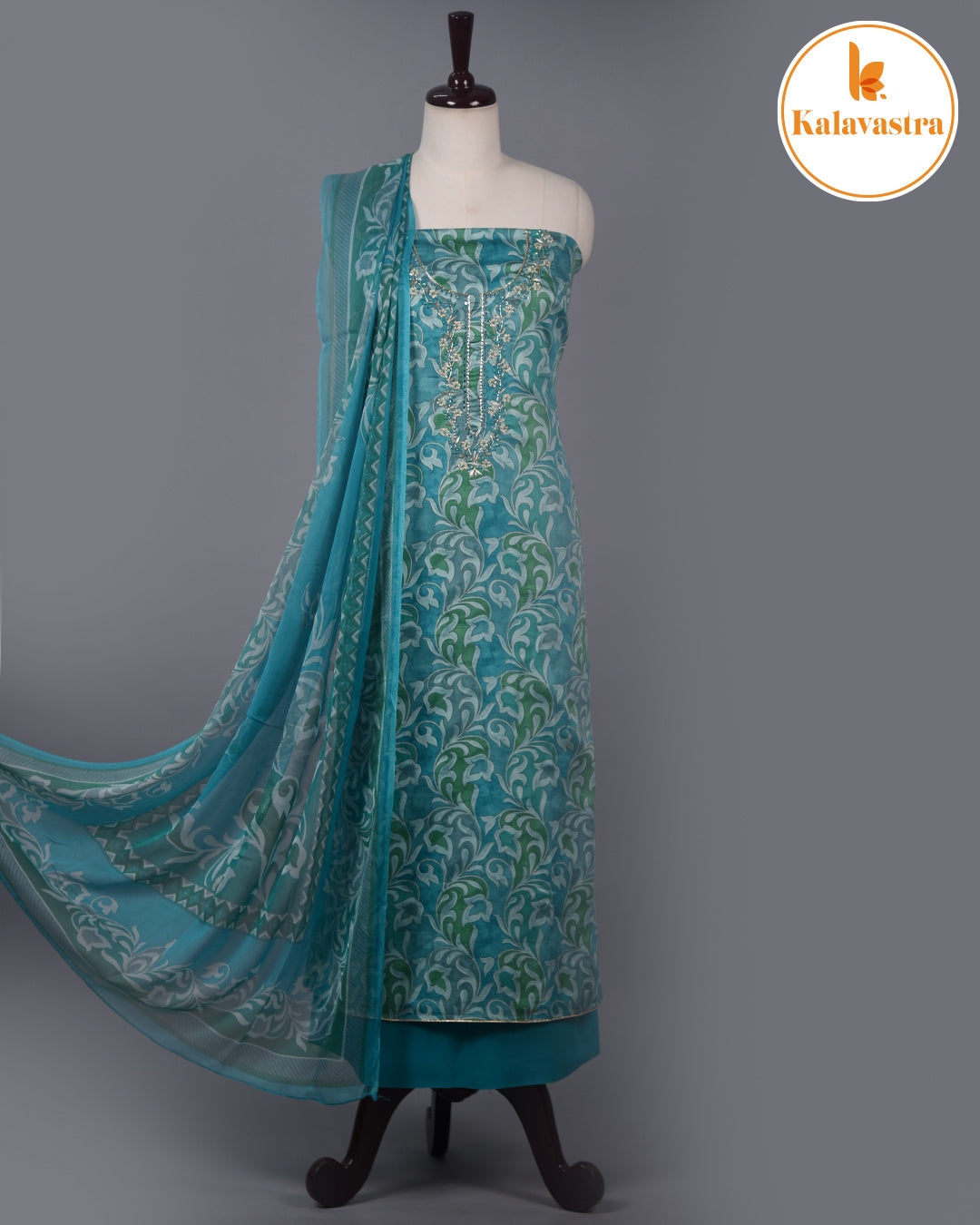 Blue With Green - Cotton Glazed - Printed With Embroidery - Unstitched Suit Fabric With Chiffon Dupatta