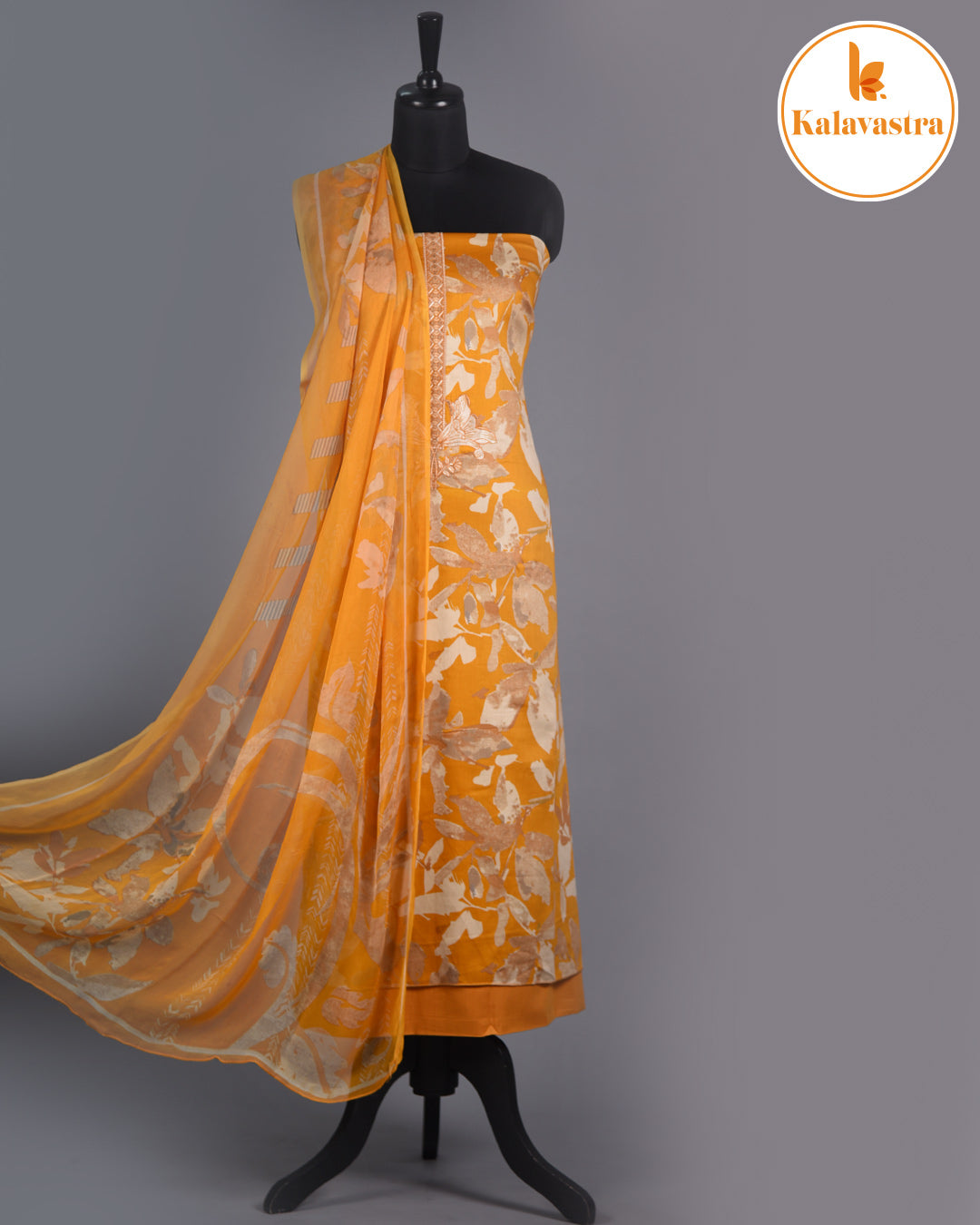 Mustard - Cotton Glazed - Printed With Embroidery - Unstitched Suit Fabric With Chiffon Dupatta