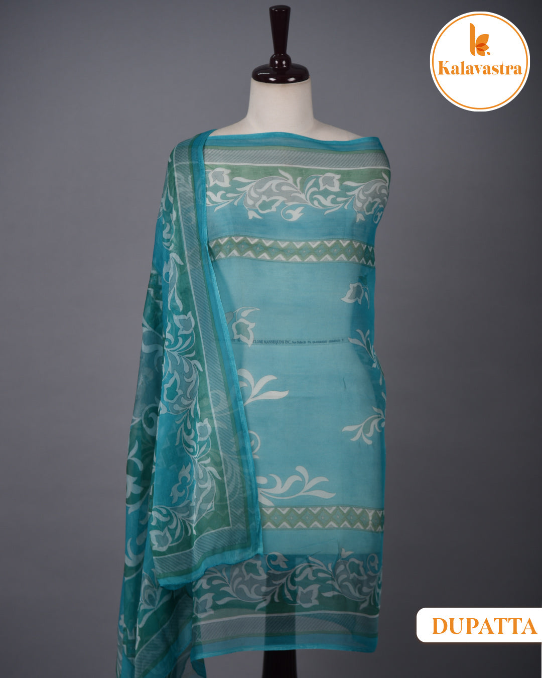 Blue With Green - Cotton Glazed - Printed With Embroidery - Unstitched Suit Fabric With Chiffon Dupatta