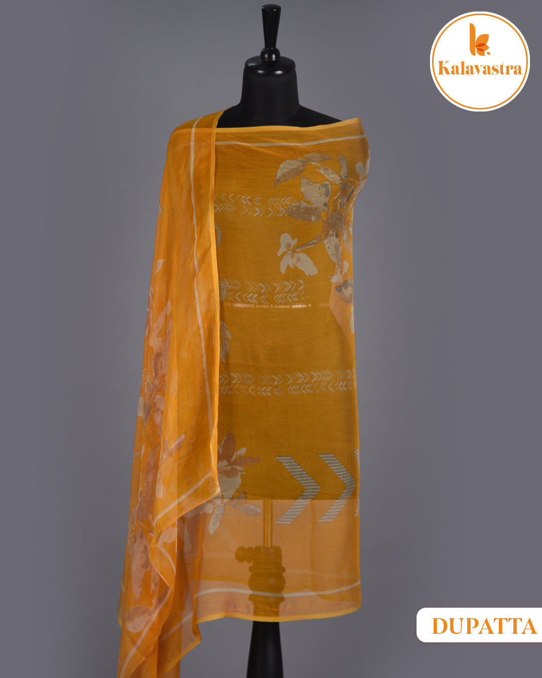 Mustard - Cotton Glazed - Printed With Embroidery - Unstitched Suit Fabric With Chiffon Dupatta