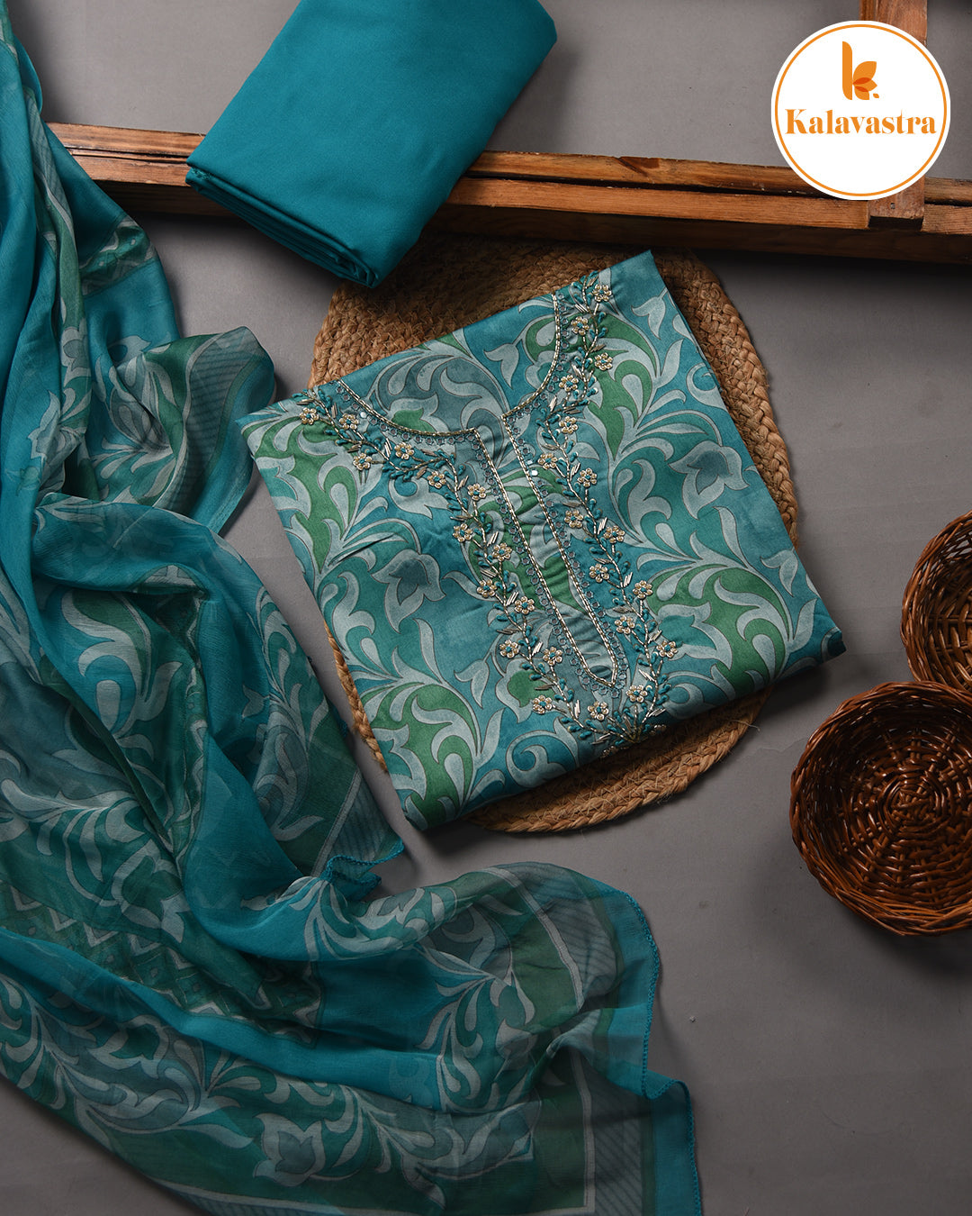 Blue With Green - Cotton Glazed - Printed With Embroidery - Unstitched Suit Fabric With Chiffon Dupatta