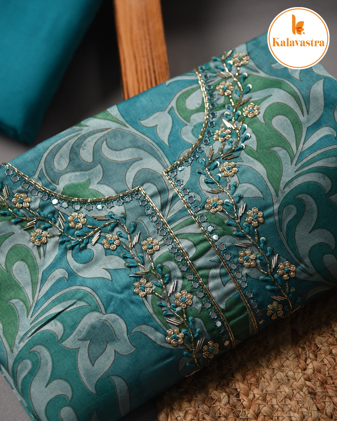 Blue With Green - Cotton Glazed - Printed With Embroidery - Unstitched Suit Fabric With Chiffon Dupatta