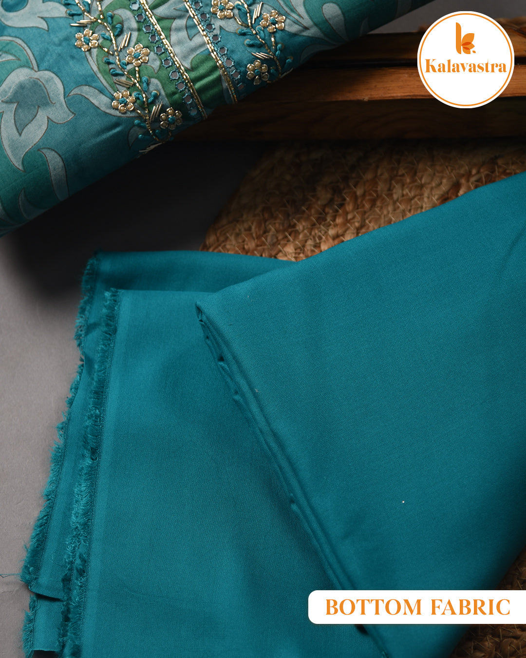 Blue With Green - Cotton Glazed - Printed With Embroidery - Unstitched Suit Fabric With Chiffon Dupatta