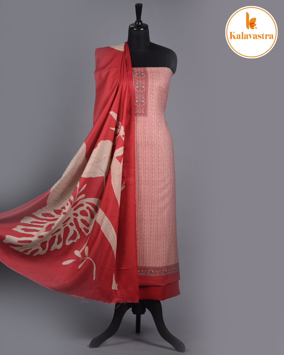 Red - Winter Wear - Spun - Printed - Unstitched Suit Fabric With Spun Dupatta