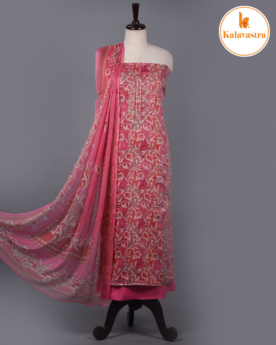 Pink - Cotton Glazed - Printed With Embroidery - Unstitched Suit Fabric With Chiffon Dupatta