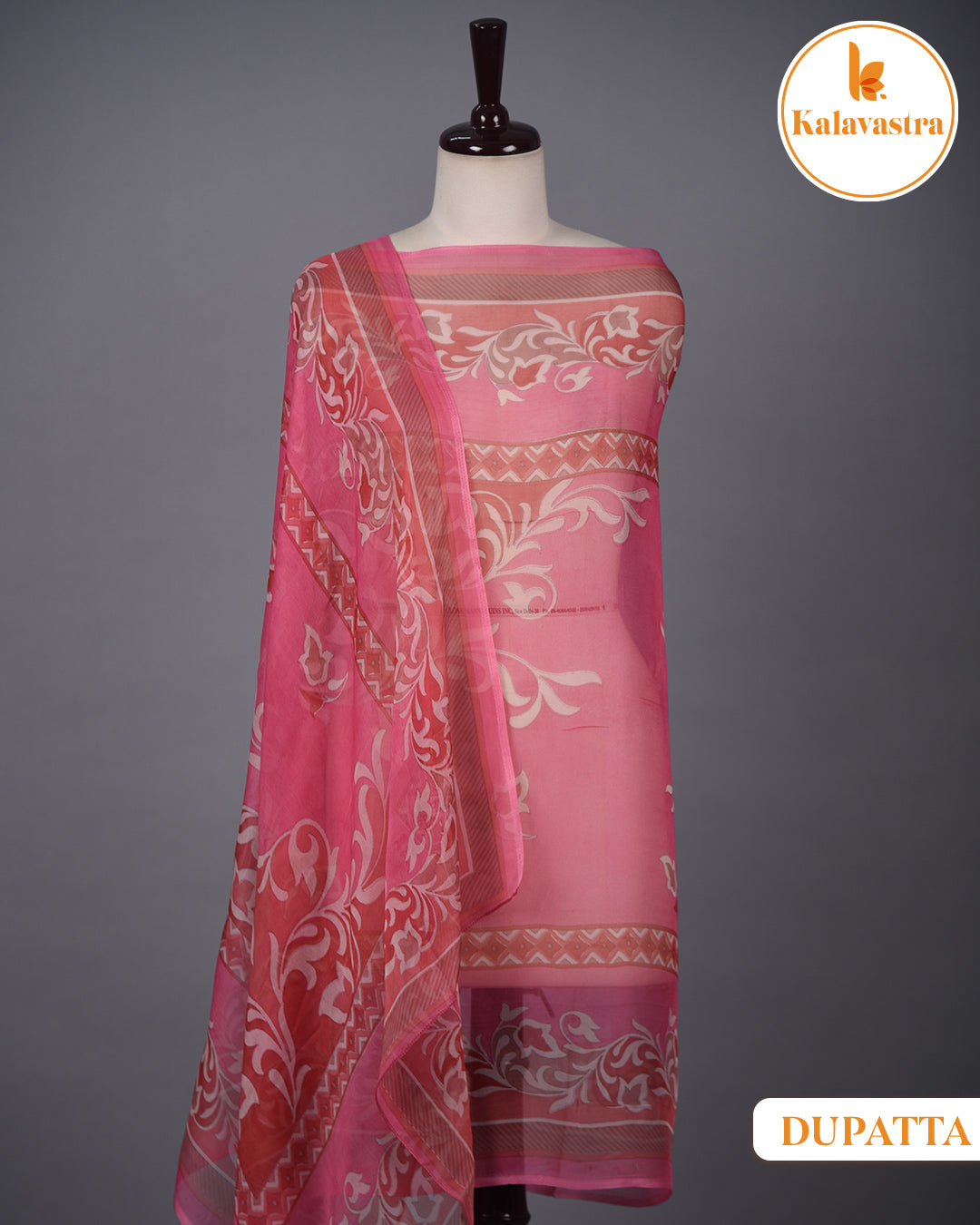 Pink - Cotton Glazed - Printed With Embroidery - Unstitched Suit Fabric With Chiffon Dupatta