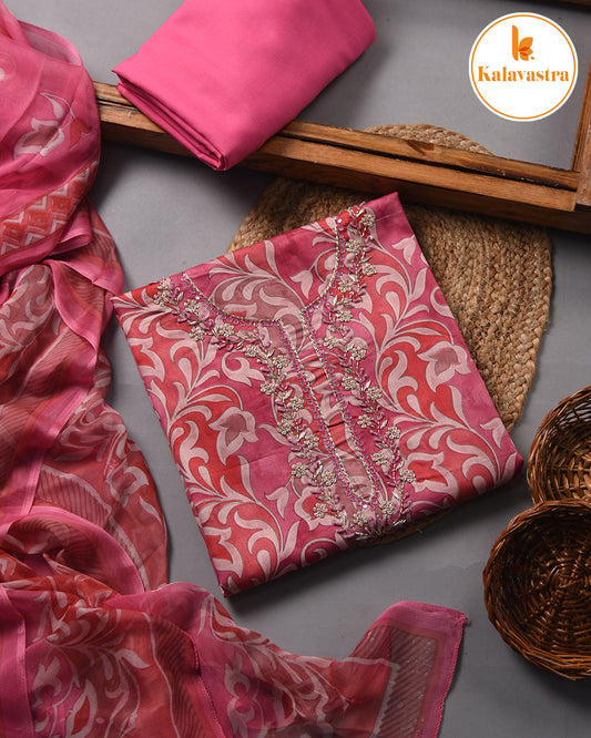 Pink - Cotton Glazed - Printed With Embroidery - Unstitched Suit Fabric With Chiffon Dupatta