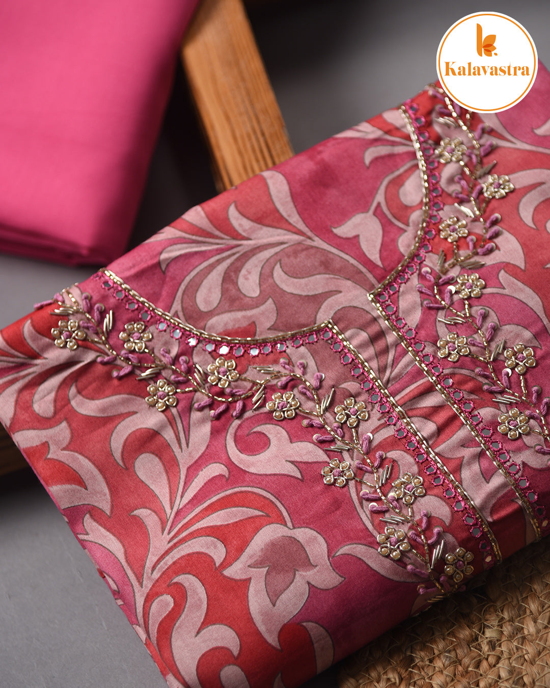 Pink - Cotton Glazed - Printed With Embroidery - Unstitched Suit Fabric With Chiffon Dupatta