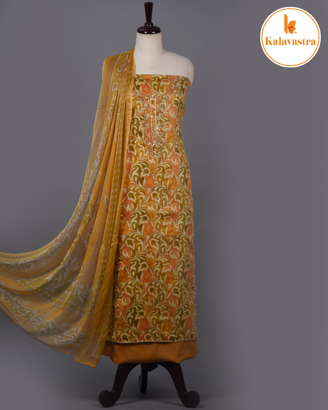 Mustard - Cotton Glazed - Printed With Embroidery - Unstitched Suit Fabric With Chiffon Dupatta