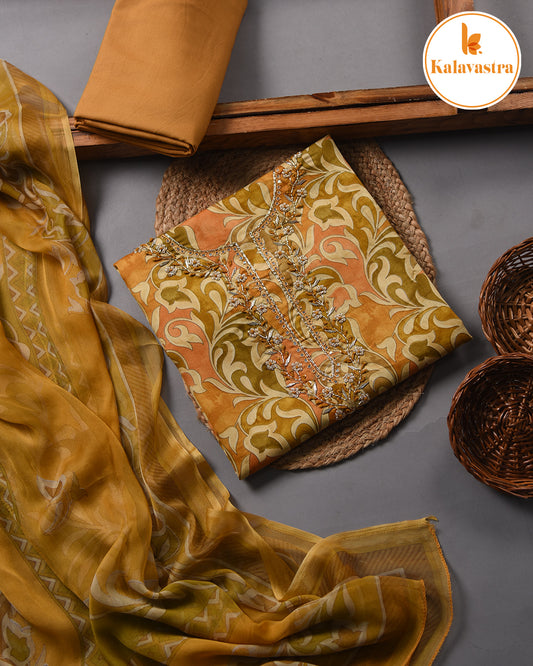 Mustard - Cotton Glazed - Printed With Embroidery - Unstitched Suit Fabric With Chiffon Dupatta