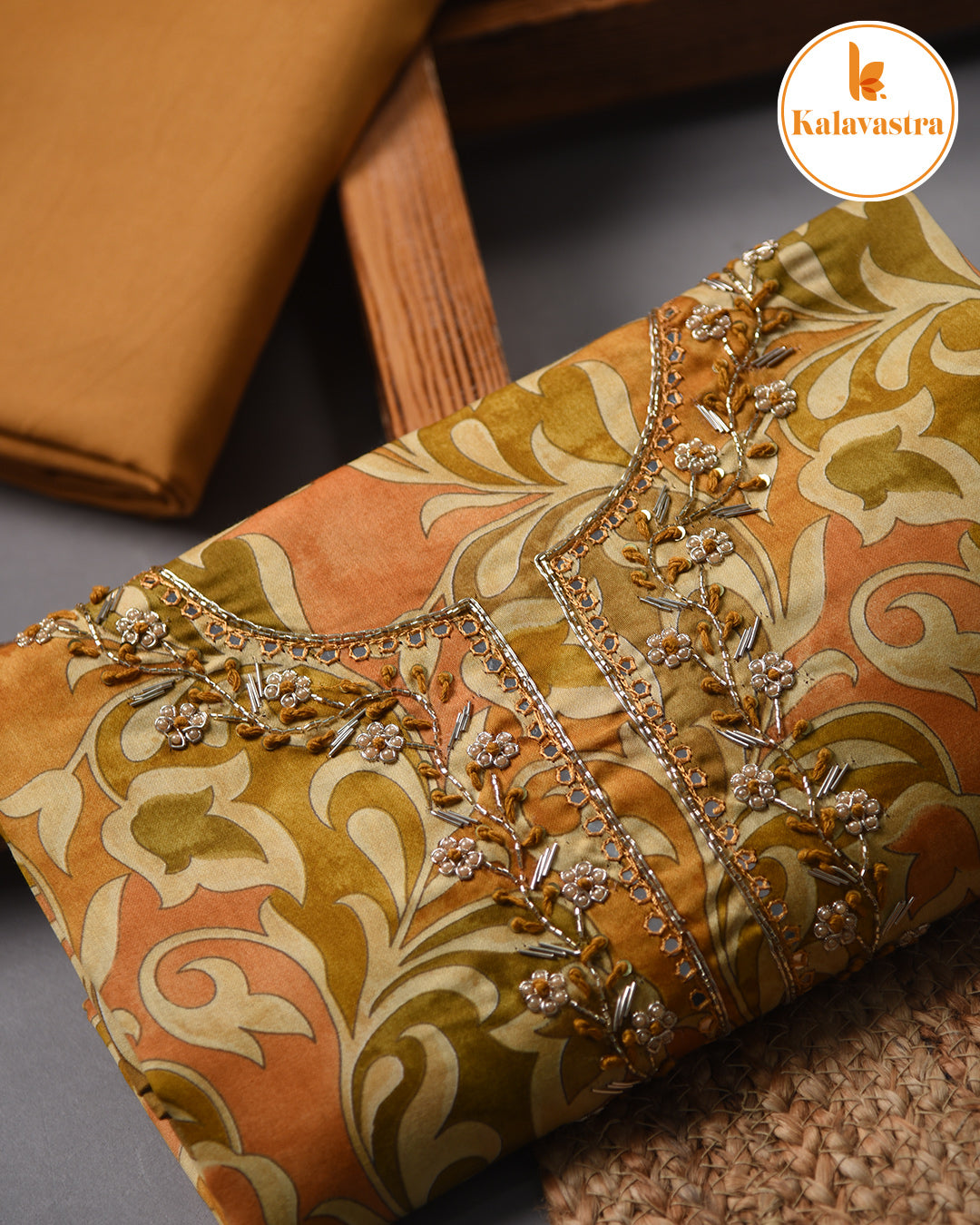 Mustard - Cotton Glazed - Printed With Embroidery - Unstitched Suit Fabric With Chiffon Dupatta