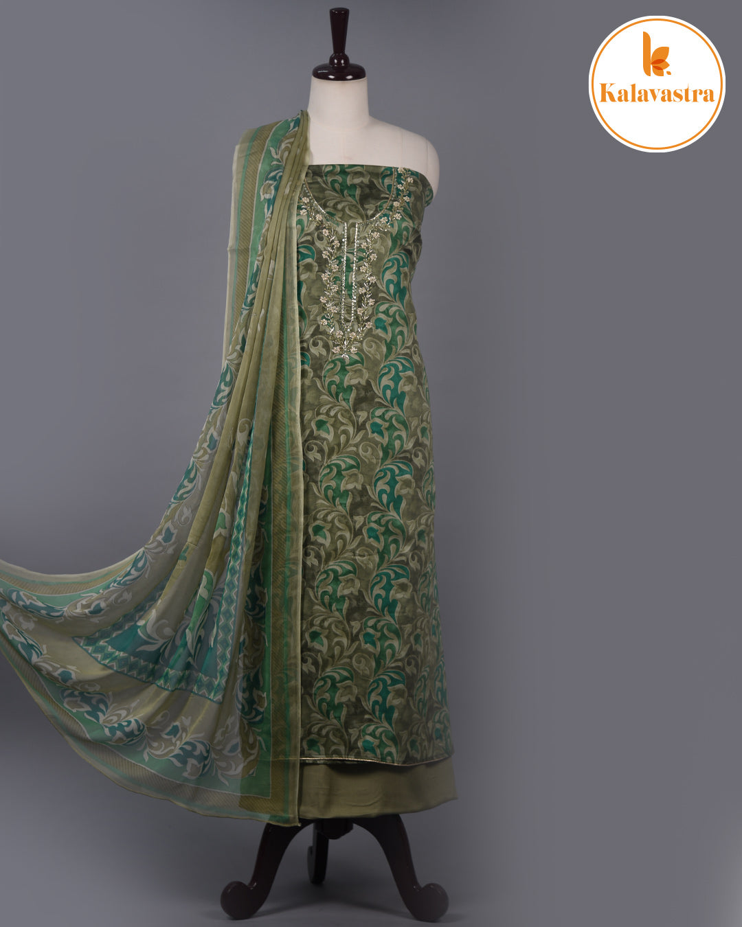 Green - Cotton Glazed - Printed With Embroidery - Unstitched Suit Fabric With Chiffon Dupatta