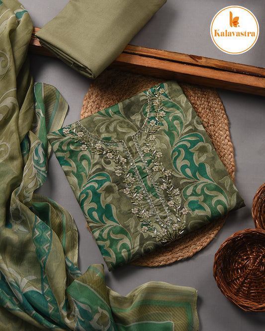 Green - Cotton Glazed - Printed With Embroidery - Unstitched Suit Fabric With Chiffon Dupatta