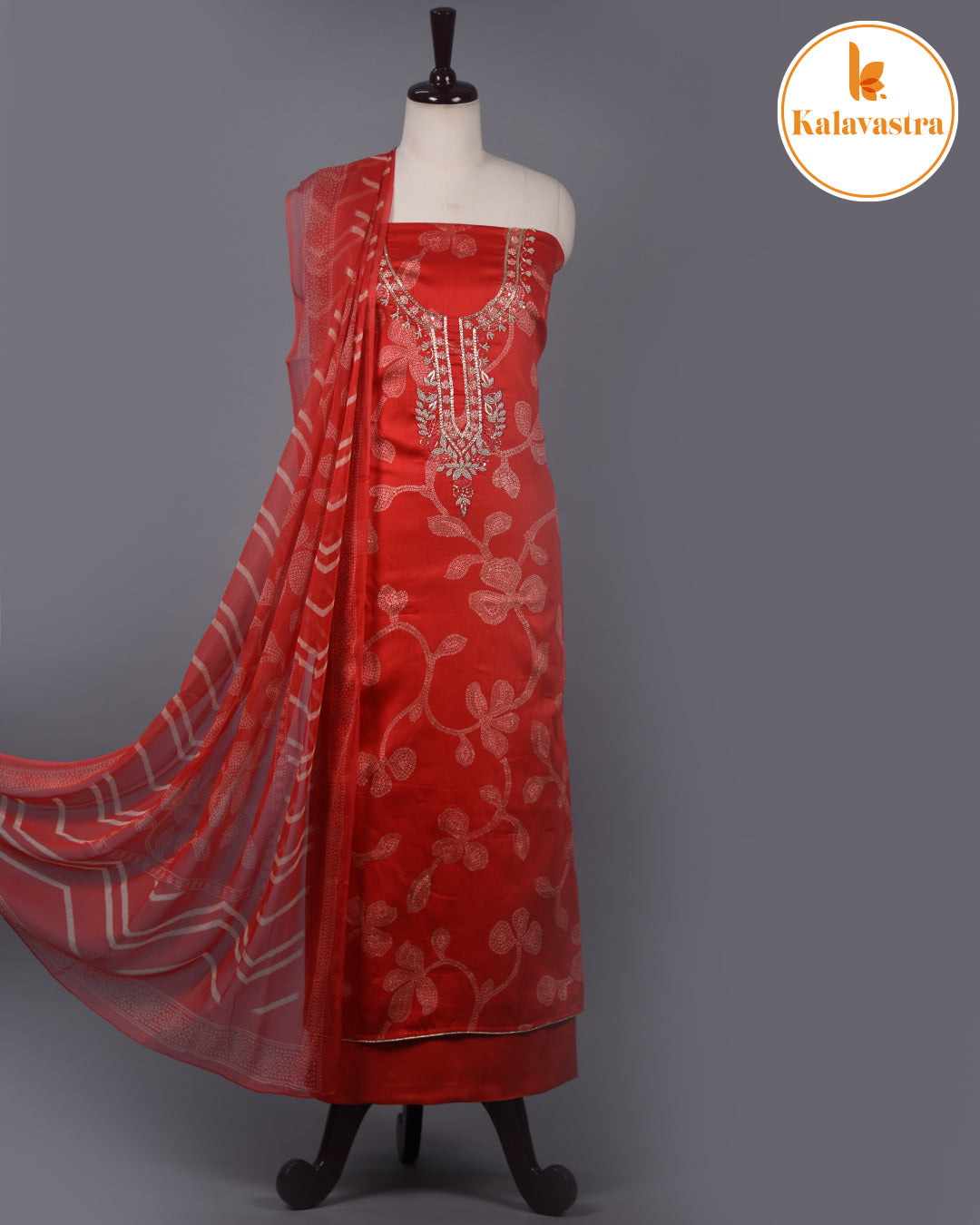 Red - Cotton Glazed Blend - Printed With Embroidery - Unstitched Suit Fabric With Chiffon Dupatta