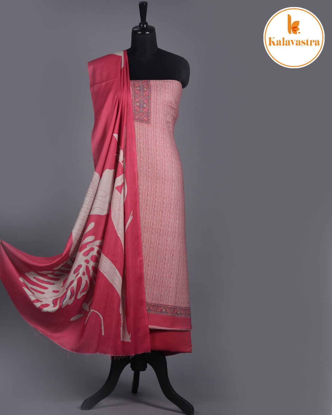 Pink- Winter Wear - Spun - Printed - Unstitched Suit Fabric With Spun Dupatta