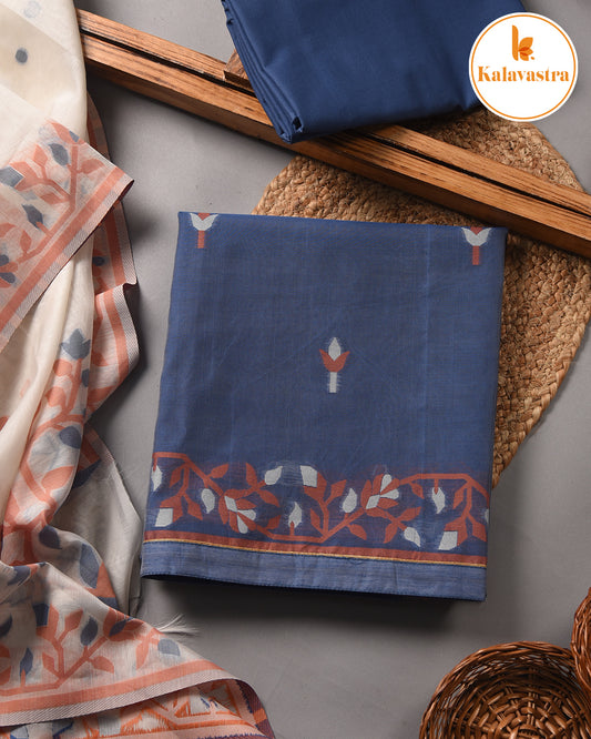 Blue With Orange-Chanderi-Jamdani Woven-Unstitched Suit Fabric With Chanderi Jamdani Woven Dupatta