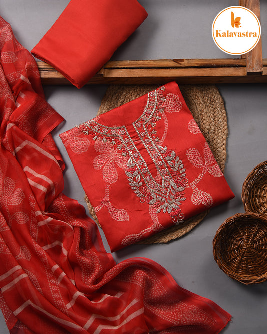 Red - Cotton Glazed Blend - Printed With Embroidery - Unstitched Suit Fabric With Chiffon Dupatta