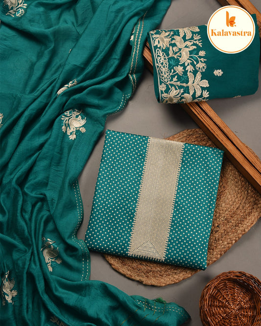 Sea Green- Cotton Glaze Blend - Printed With Embroidery - Unstitched Suit Fabric With Chanderi Blend Embroidered Dupatta