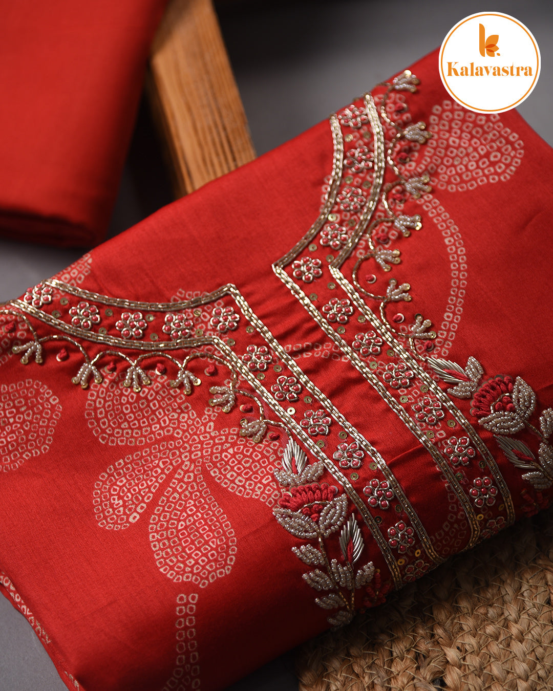 Red - Cotton Glazed Blend - Printed With Embroidery - Unstitched Suit Fabric With Chiffon Dupatta