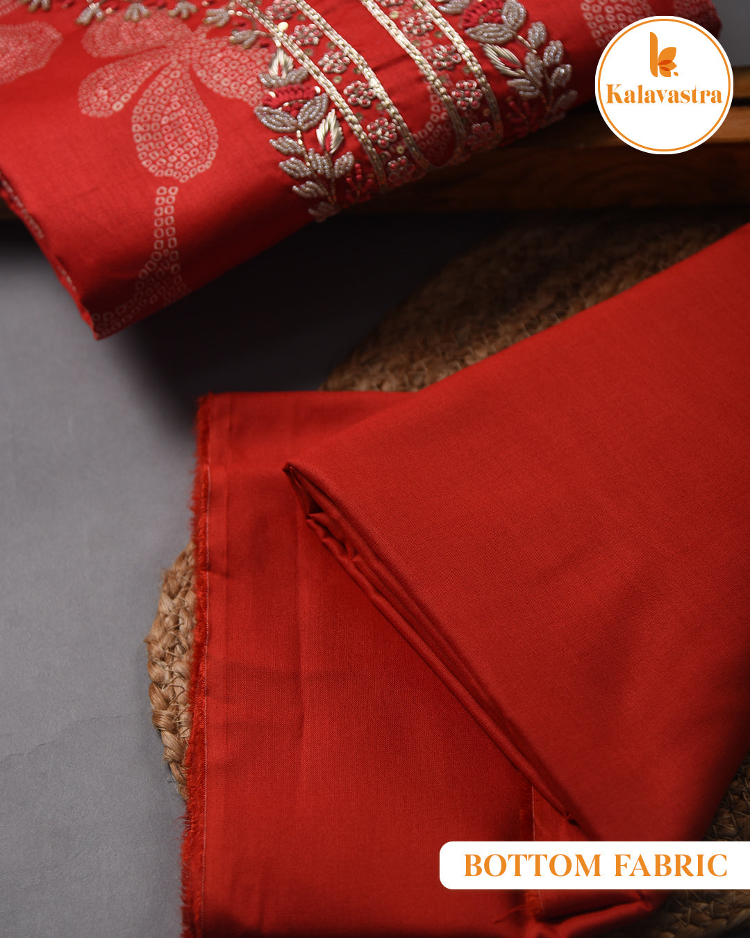 Red - Cotton Glazed Blend - Printed With Embroidery - Unstitched Suit Fabric With Chiffon Dupatta