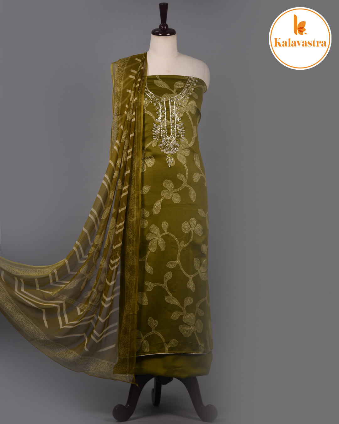 Mehandi Green - Cotton Glazed Blend - Printed With Embroidery - Unstitched Suit Fabric With Chiffon Dupatta