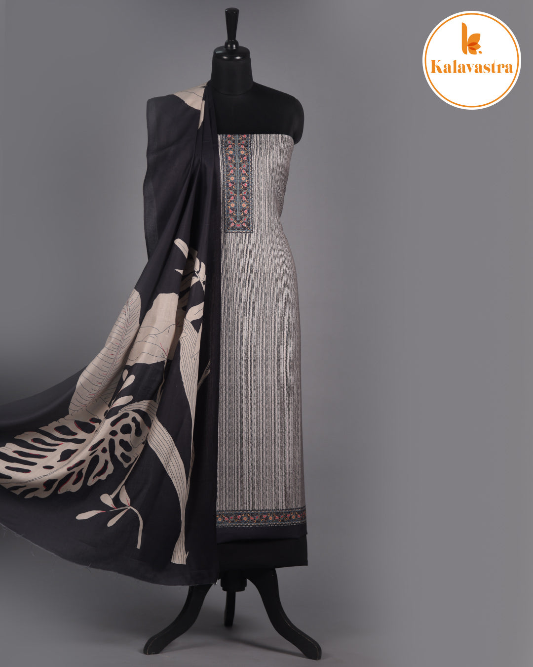 Black- Winter Wear - Spun - Printed - Unstitched Suit Fabric With Spun Dupatta