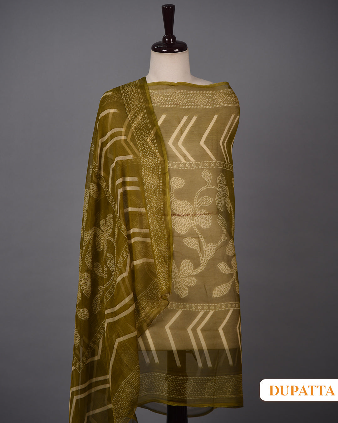 Mehandi Green - Cotton Glazed Blend - Printed With Embroidery - Unstitched Suit Fabric With Chiffon Dupatta